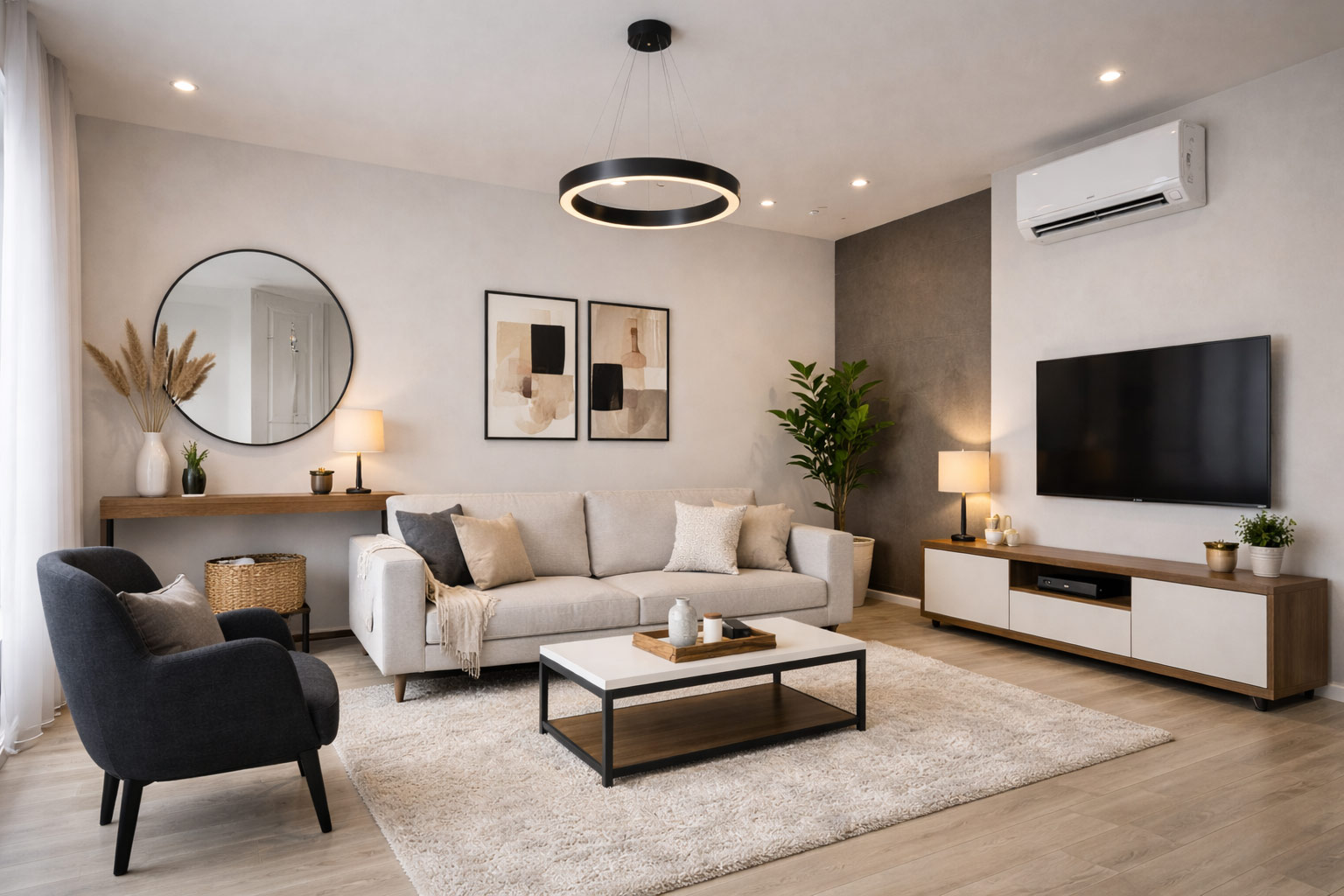 Thermopompe murale dans un salon lumineux