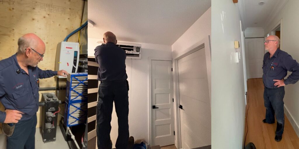 Technicien de S. Air Fortier installant une unité murale dans une maison