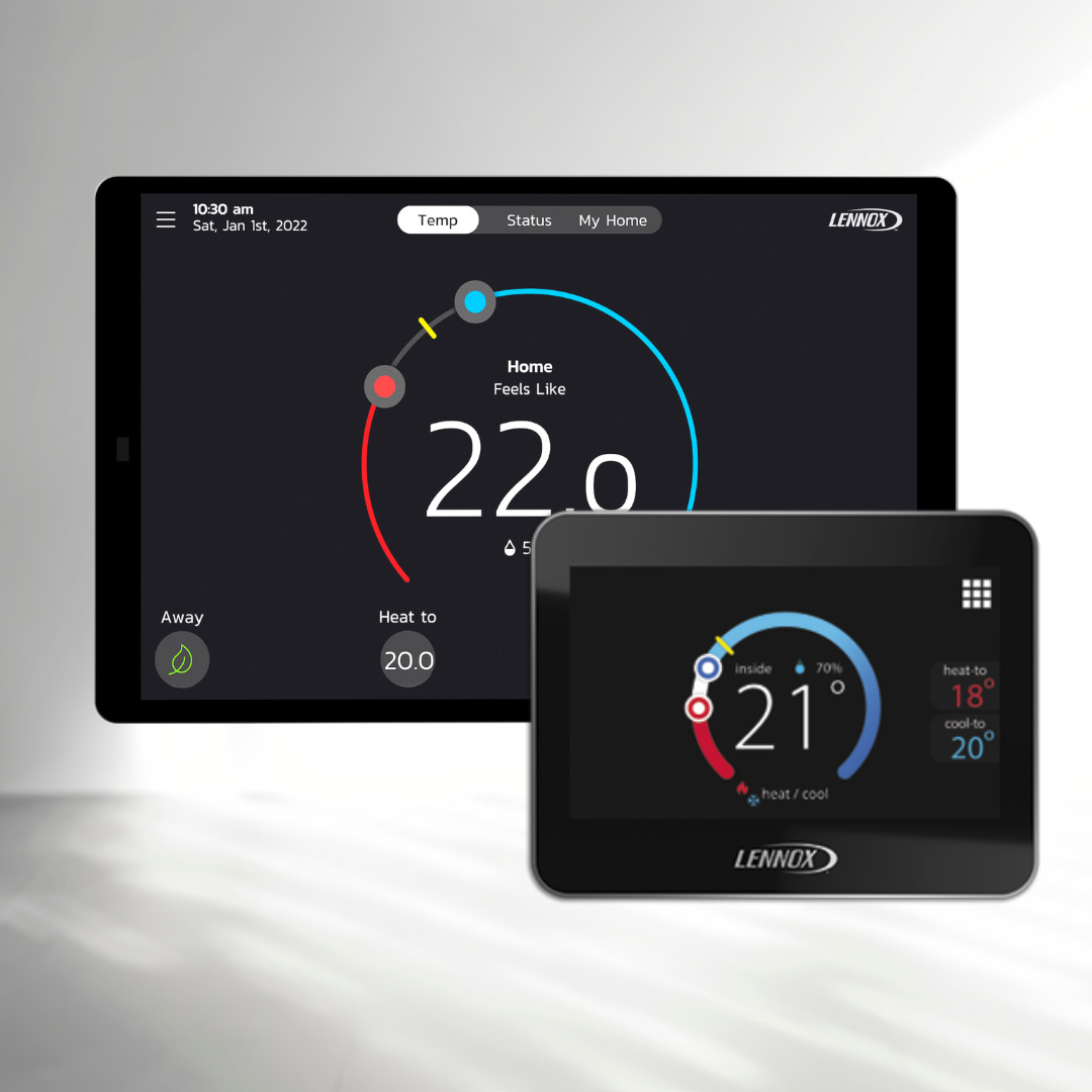 Thermostats intelligents Lennox affichés sur un écran tactile et une tablette, montrant les réglages de température et d'humidité pour une gestion optimisée du confort à domicile.