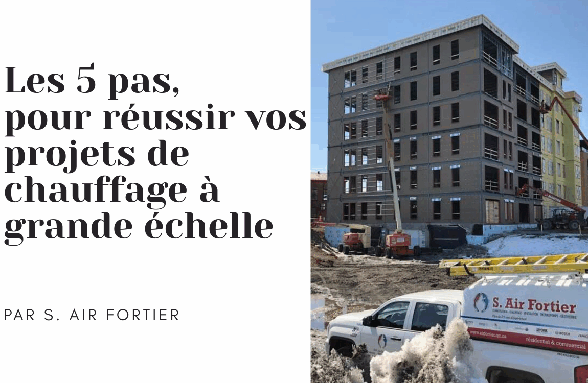 Bâtiment résidentiel en construction avec installation de systèmes de chauffage à grande échelle, camion de service S. Air Fortier sur le chantier.