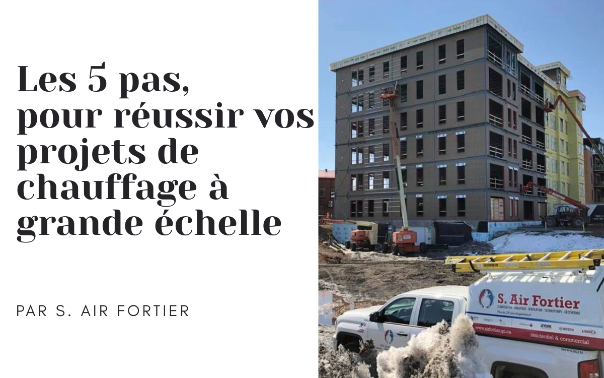 Bâtiment résidentiel en construction avec installation de systèmes de chauffage à grande échelle, camion de service S. Air Fortier sur le chantier.