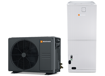 Unité extérieure noire avec ventilateur et unité intérieure blanche verticale de thermopompe Moovair.