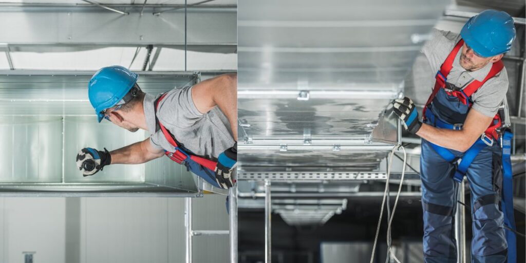 Techniciens installant des conduits de ventilation dans un bâtiment