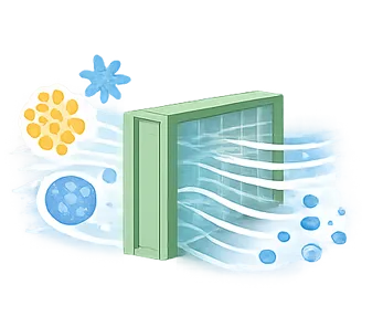 Illustration d'un système de filtration d'air avec des particules entrant et de l'air purifié sortant.