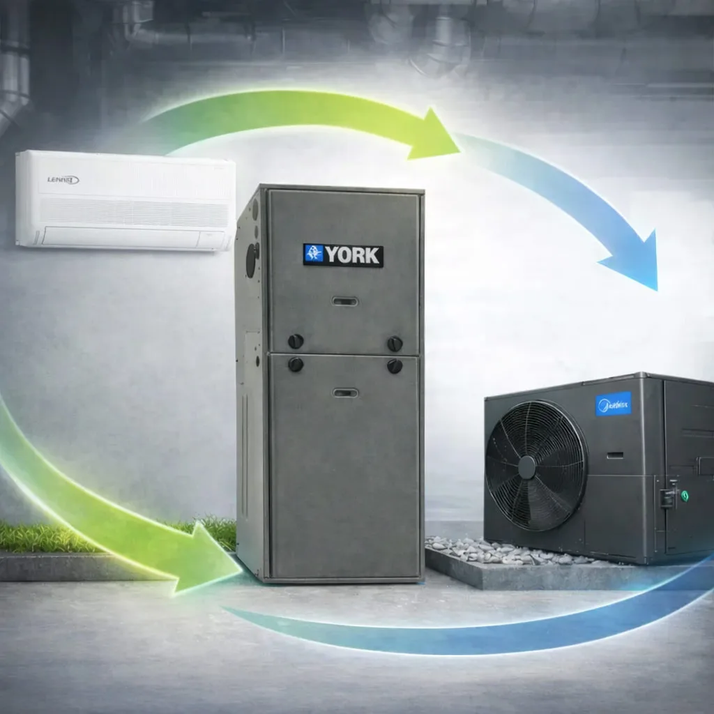 Combo fournaise au gaz YORK, unité intérieure Lennox, thermopompe extérieure de marque distincte