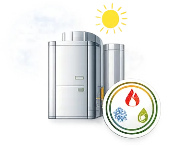 Appareil géothermique avec symbole trio feu, neige et goutte d'eau.