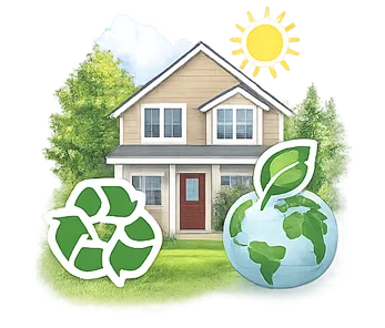 Maison beige avec arbres verts sous un soleil brillant