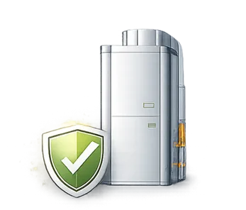 Un appareil de géothermie blanc avec un symbole de bouclier vert à coche blanche devant
