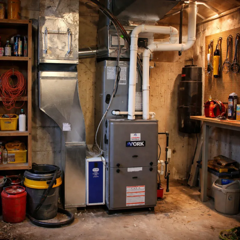 Fourniture à gaz York avec conduits en PVC blancs dans un sous-sol avec outils et étagères