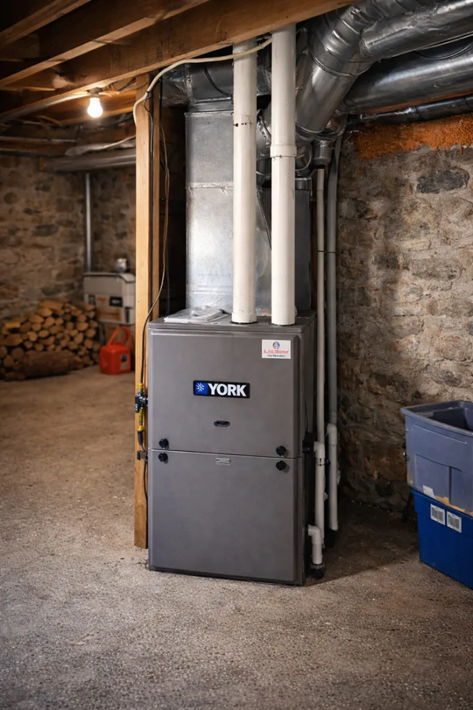 Fournaise à gaz York installée dans un sous-sol avec tuyaux blancs et mur en pierre