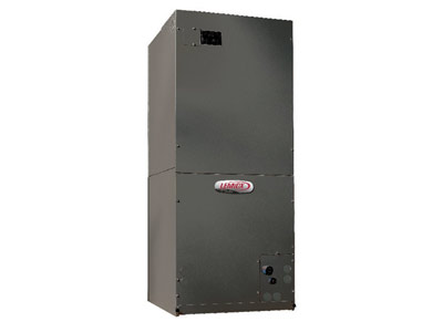 Fournaise électrique Lennox noire haute et rectangulaire avec logo rouge et blanc.