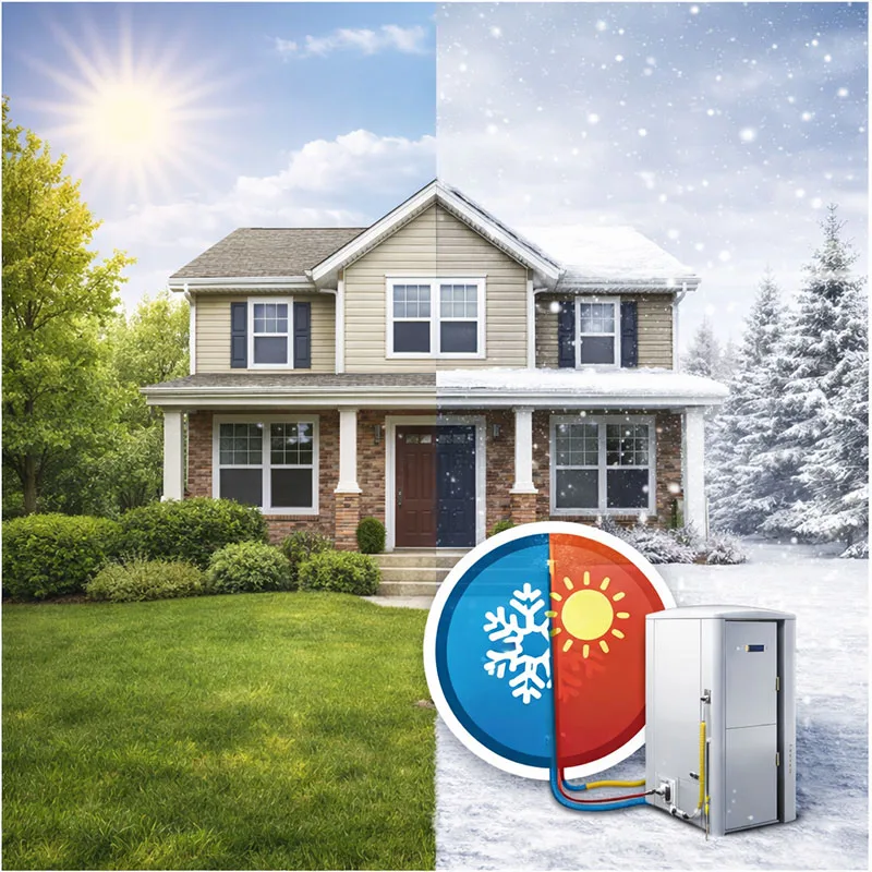 Maison divisée en deux avec côté gauche en été et côté droit en hiver avec système HVAC