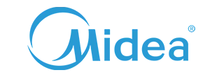 Logo bleu de la marque Midea sur fond blanc