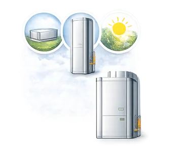 illustration d'un système géothermique avec unité extérieure, pompe à chaleur et énergie solaire