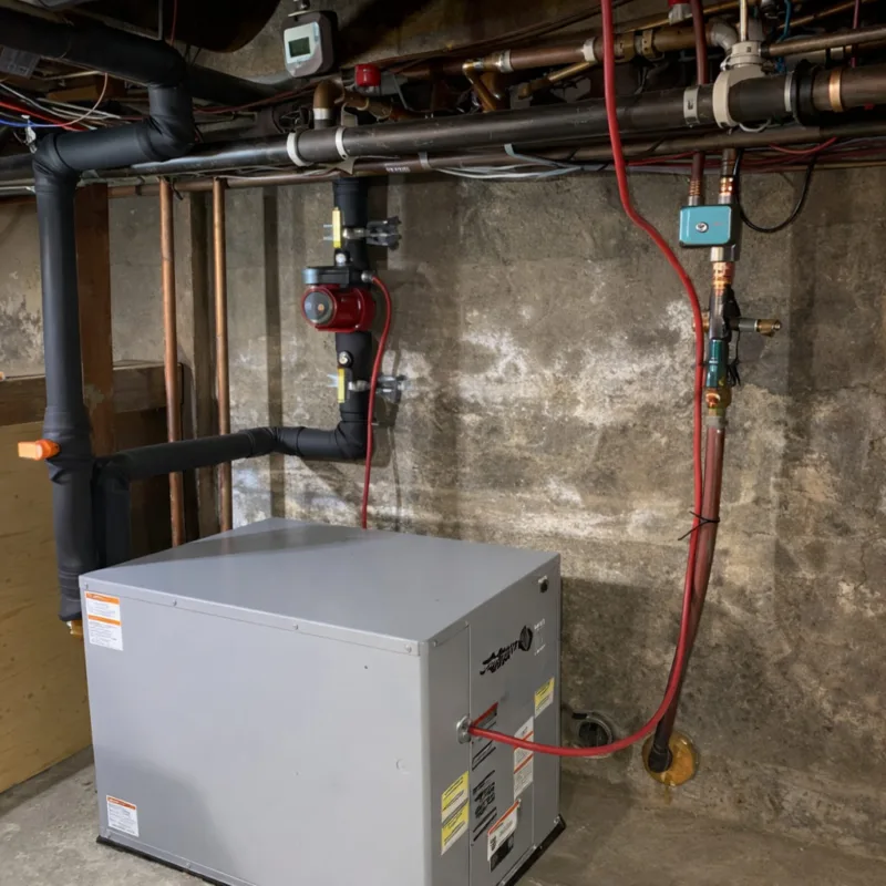 Unité géothermique grise avec tuyaux isolés et non isolés dans un sous-sol en béton