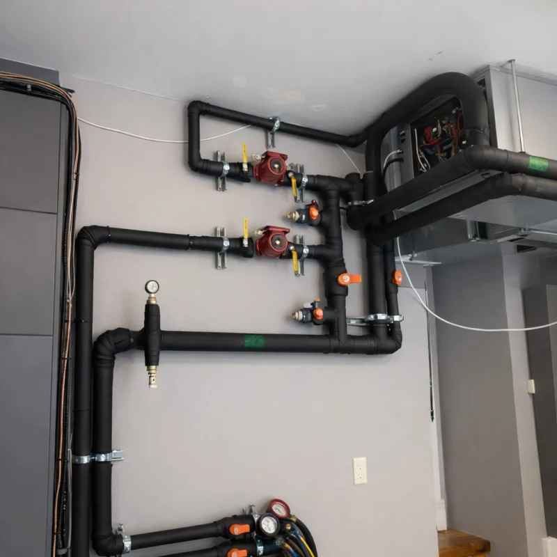 installation de tuyaux noirs isolés avec valves rouges et manomètres sur un mur gris
