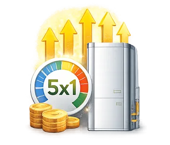 Un appareil de géothermie avec indicateur 5x1, des pièces dorées et des flèches jaunes vers le haut