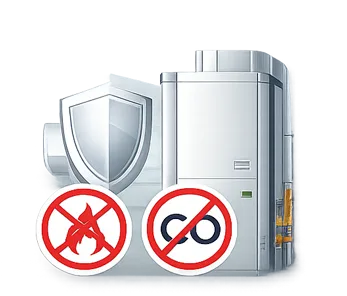 Appareil de chauffage avec bouclier, symbole interdit feu et symbole interdit monoxyde de carbone