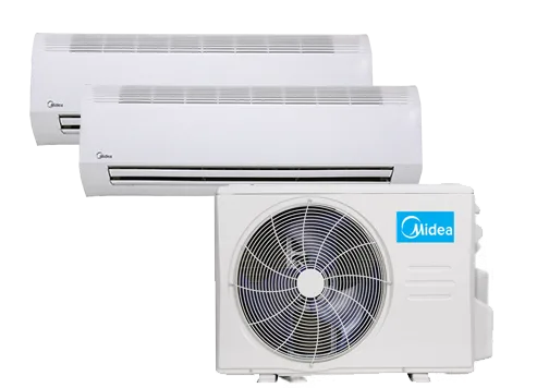 Deux unités intérieures blanches et une unité extérieure avec un ventilateur et logo Midea