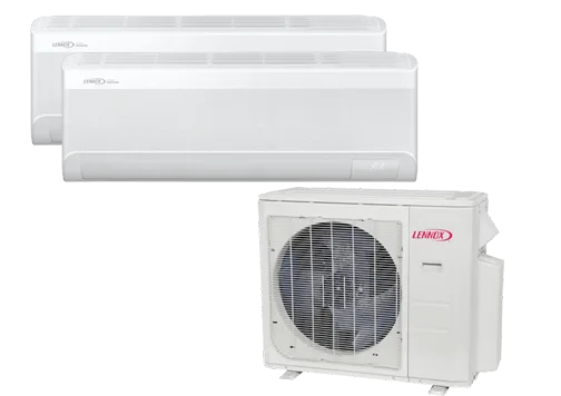 Deux unités murales blanches et une unité extérieure de thermopompe Lennox