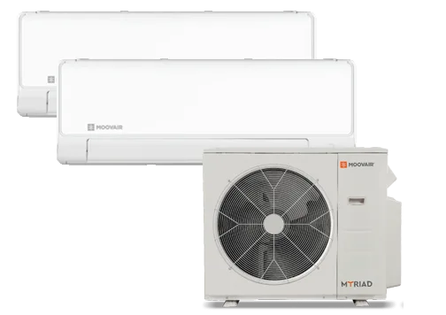 Deux unités murales blanches Moovair et une unité extérieure Mytriad