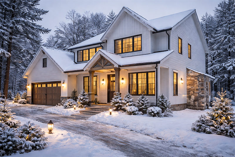 Maison blanche à deux étages avec garage, éclairage extérieur et neige sur les arbres et le sol