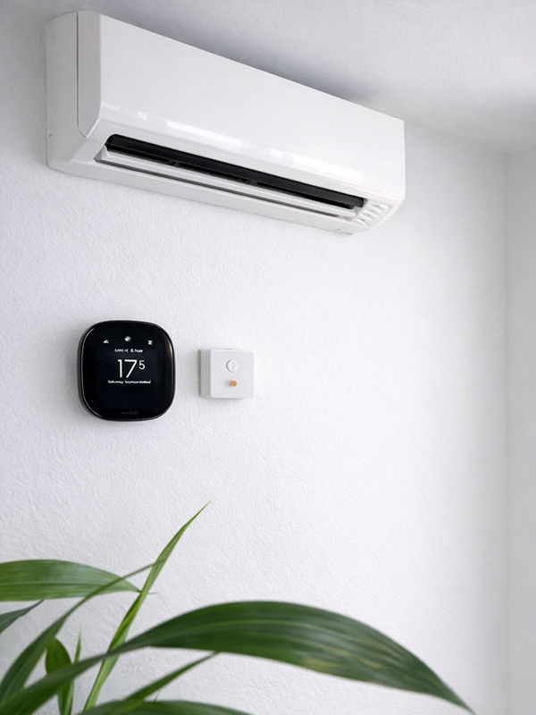 Climatiseur mural blanc installé au haut d'un mur avec thermostat numérique noir et commande blanche en dessous