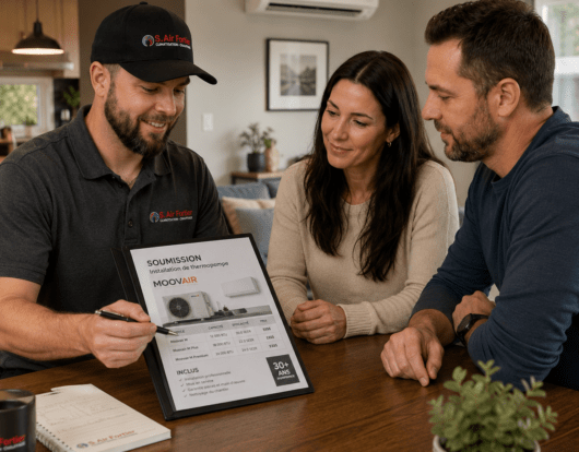 Représentant de S. Air Fortier présentant une soumission de thermopompe Moovair à un couple dans leur résidence à Saint-Hyacinthe lors d’une rencontre d’évaluation à domicile.