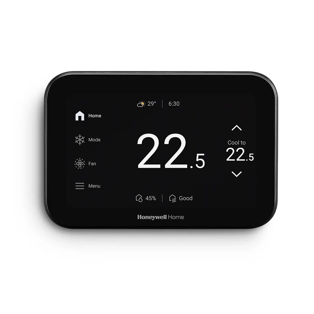 Thermostat intelligent Honeywell Home à écran tactile couleur affichant une température réglée de 22,5 °C et des informations sur la qualité de l’air intérieur.