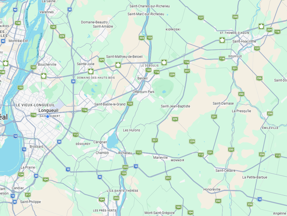 Carte interactive présentant les villes desservies par S. Air Fortier sur la Rive-Sud de Montréal, incluant Longueuil, Saint-Hubert, Greenfield Park, Brossard, Boucherville, Saint-Bruno-de-Montarville, Saint-Lambert, Sainte-Julie, Chambly et Beloeil.