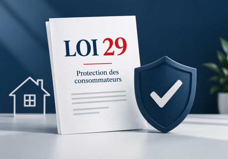 Loi 29 : protection des consommateurs, illustrée par un document et un bouclier.