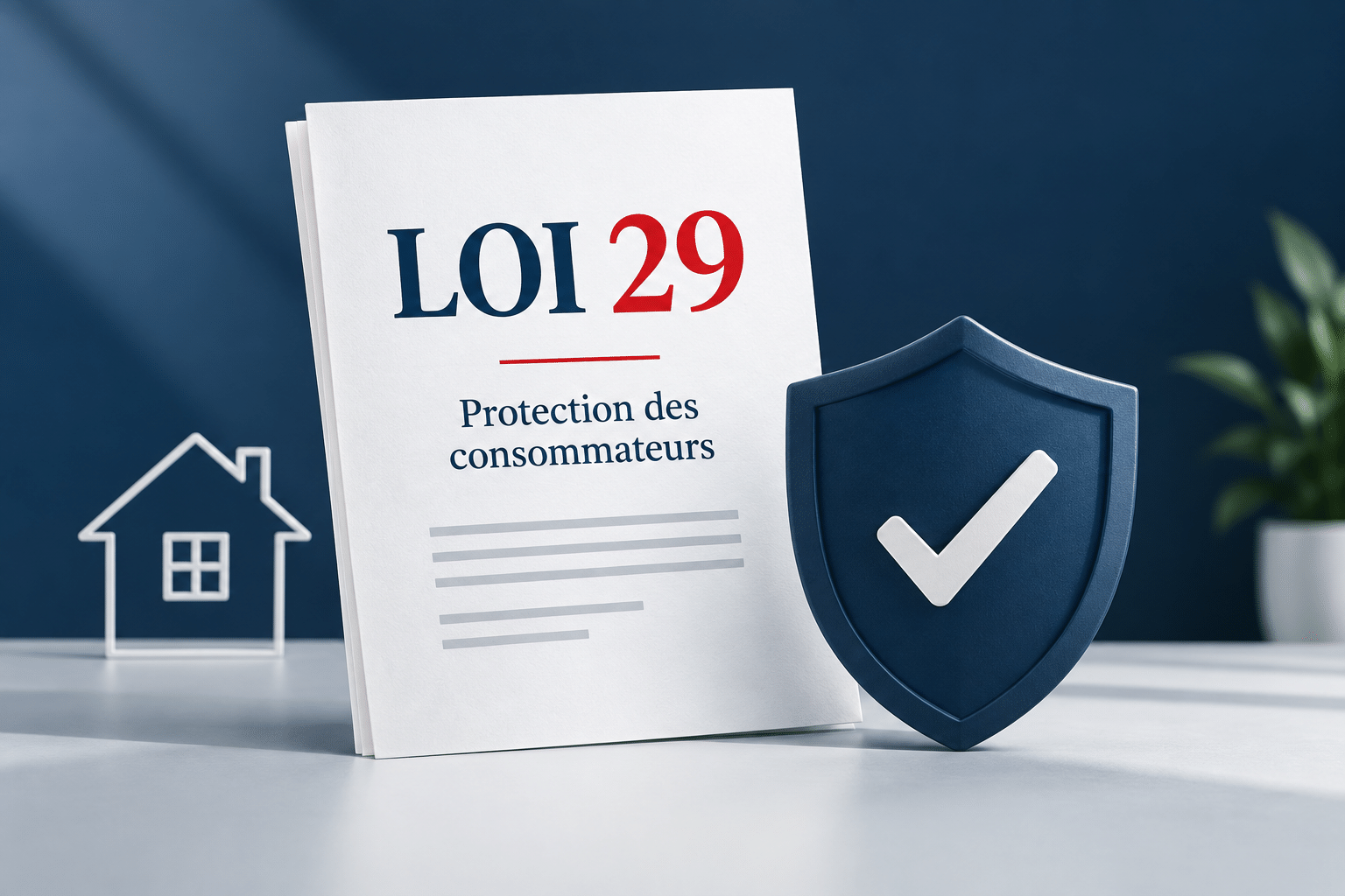 Loi 29 : protection des consommateurs, illustrée par un document et un bouclier.