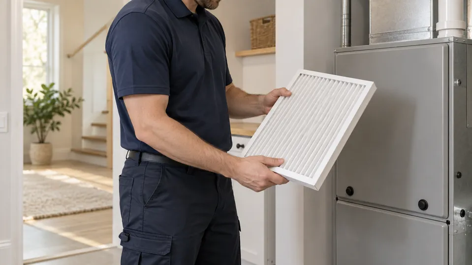 Technicien examinant un filtre à air lors de l’entretien d’un système de chauffage central.