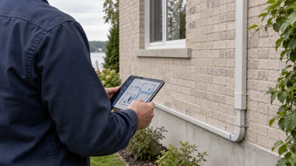 Technicien consultant sur tablette le plan des conduits pour une installation de thermopompe centrale.