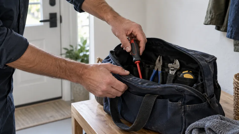 Mains d’un technicien préparant ses outils pour une réparation de chauffage ou de climatisation à domicile.