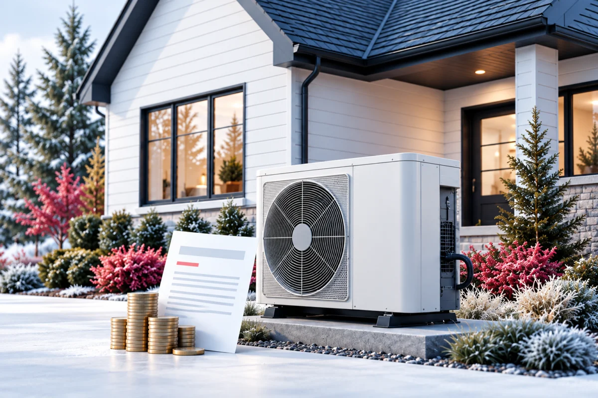 Thermopompe extérieure devant une maison, avec un document et des pièces illustrant les aides financières.